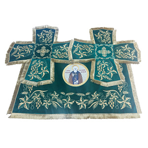 Покровцы вышитые зеленые с иконой "Сергий Радонежский", бархат (бахрома)