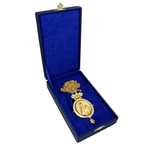 Панагия двухсторонняя из ювелирного сплава в позолоте с цепью, фианиты, высота 14 см фото 3