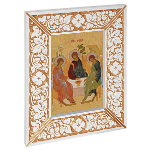 Икона Святой Троицы, в широкой резной раме, белая с золотом (патина), холст с золочением, ширина рамы 12 см (43х51,7 см (под икону А4))