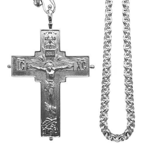 Крест-мощевик наперсный латунный в серебрении с цепью, 6,5х9 см фото 2
