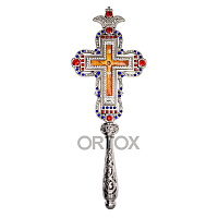 Крест требный латунный с красными, синими и белыми фианитами, 11,5х31 см
