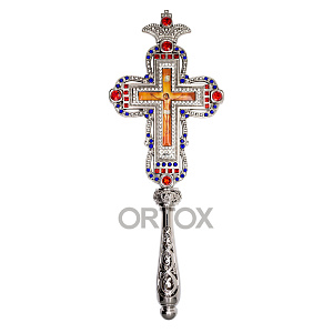 Крест требный латунный с красными, синими и белыми фианитами, 11х31 см (латунь)