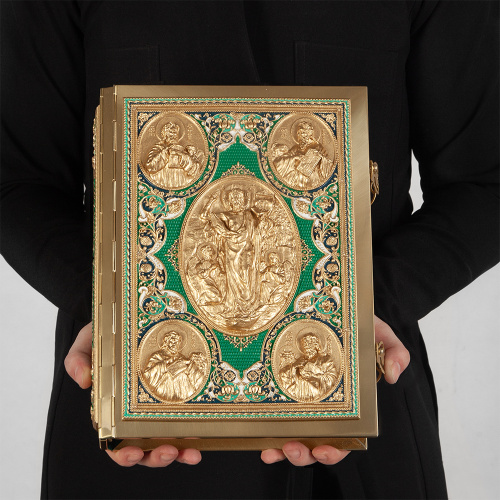 Евангелие напрестольное зеленое, полный оклад "под золото", 24х31 см фото 7