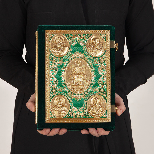 Апостол зеленый, оклад "под золото", бархат, эмаль, 23х30 см фото 6