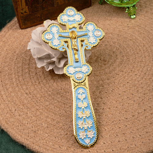 Крест требный, цинковый сплав, голубая и белая эмаль, 7,5х17 см фото 2
