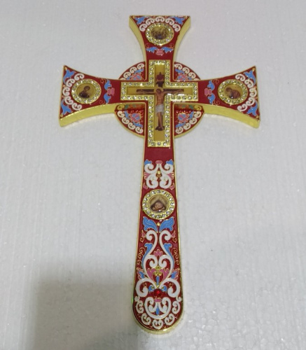 Крест требный четырехконечный, красная эмаль, камни, 17х29 см, У-1344 фото 2