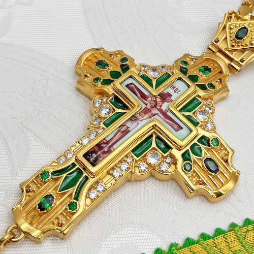 Крест наперсный из ювелирного сплава в позолоте, эмаль, фианиты, 7х14 см фото 3