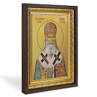 Икона святителя Серафима, архиепископа Богучарского, Софийского чудотворца, в широком багете, цвет "темный дуб", на холсте, с золочением