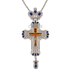 Крест наперсный латунный с цепью, 8х18,5 см (синие камни)