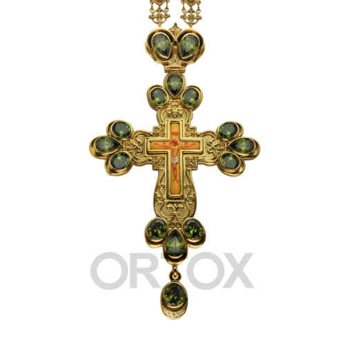 Крест наперсный серебряный с цепью, в позолоте, белые фианиты, высота 18 см фото 2