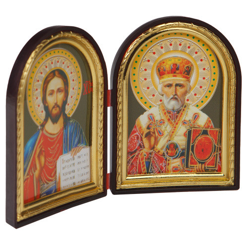 Складень с ликами Спасителя и святителя Николая Чудотворца, арочной формы, 6,4х8,4 см фото 2