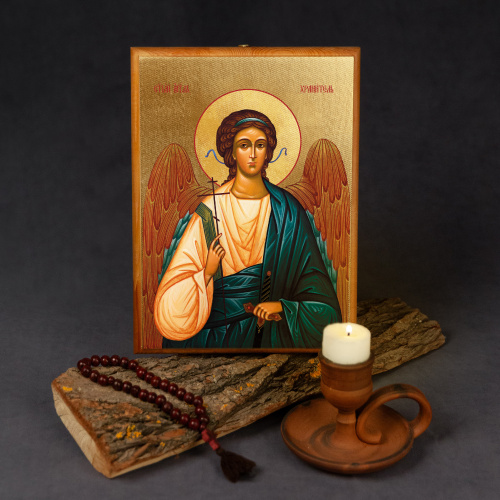 Икона Ангела-Хранителя на деревянной основе, цвет "кипарис", на холсте с золочением фото 4