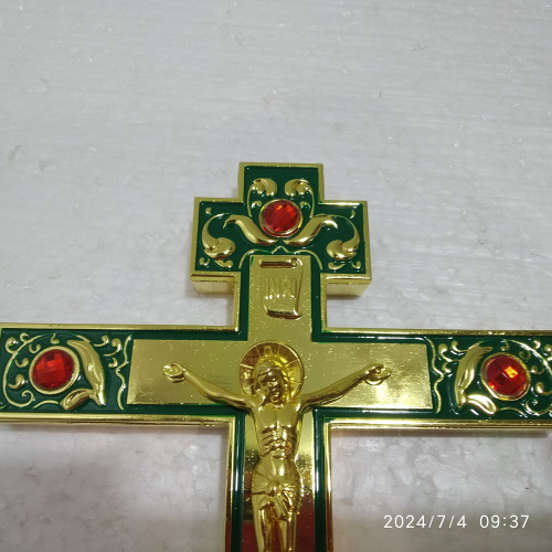 Крест напрестольный / требный, зеленая эмаль, красные камни, 14х26 см, №2, У 55-0021 фото 6