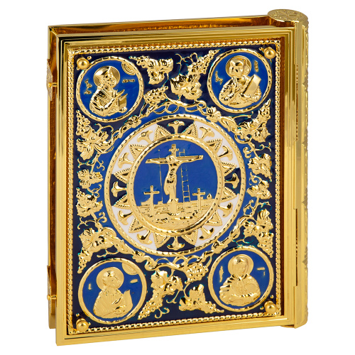 Оклад для Евангелия напрестольного, цинковый сплав, цвет "под золото", синяя эмаль, 25х5х35 см фото 9