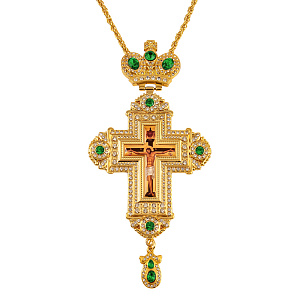 Крест наперсный с цепью, цинковый сплав, 9х18,5 см (зеленые камни)