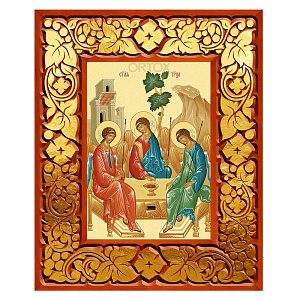 Икона Пресвятой Троицы в резной рамке, цвет "кипарис с золотом" (поталь), ширина рамки 12 см (29,7x42 см (А3))