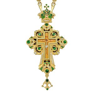 Крест наперсный латунный, позолота, зеленые фианиты, высота 13 см (средний вес 186,05 г)