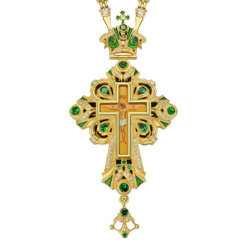 Крест наперсный из ювелирного сплава, позолота, зеленые фианиты, высота 13 см