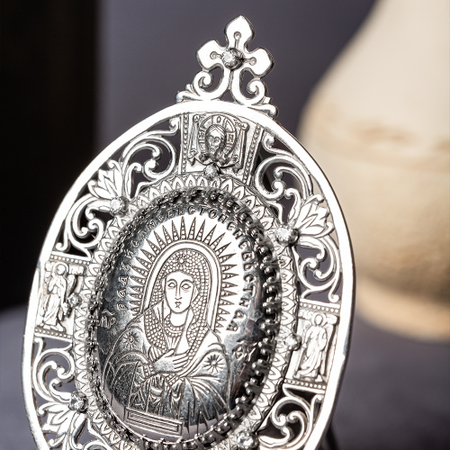 Икона настольная Богородицы "Умиление" из латуни, с серебрением фото 6