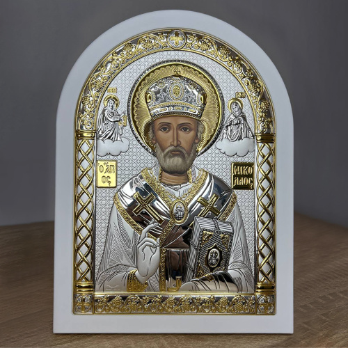 Икона греческая святителя Николая Чудотворца, арочной формы на белой деревянной основе, металлический оклад, 17,5х22,5 см фото 2