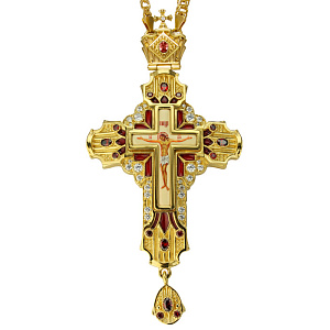 Крест наперсный латунный, позолота, эмаль, фианиты, 7х14 см (без цепи, красные фианиты)
