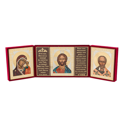 Складень с ликами Спасителя, Божией Матери "Казанская" и святителя Николая Чудотворца, 28х16,5 см, бархат фото 6 Складень с ликами Спасителя, Божией Матери "Казанская" и святителя Николая Чудотворца, 28х16,5 см, бархат фото 6