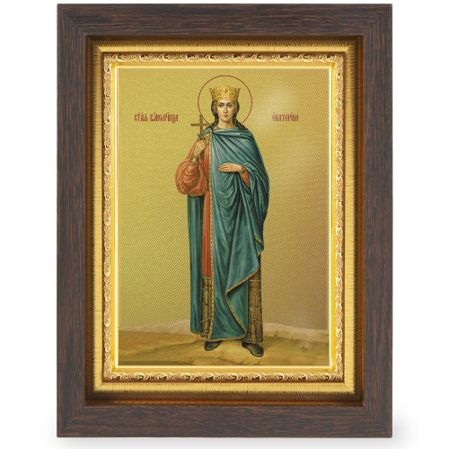 Икона великомученицы Екатерины, в узком багете, цвет "темный дуб", на холсте, с золочением фото 2
