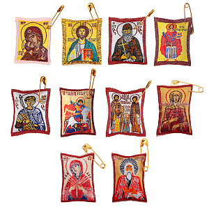 Ладанка на булавке, ткань, в ассортименте (с ликами)