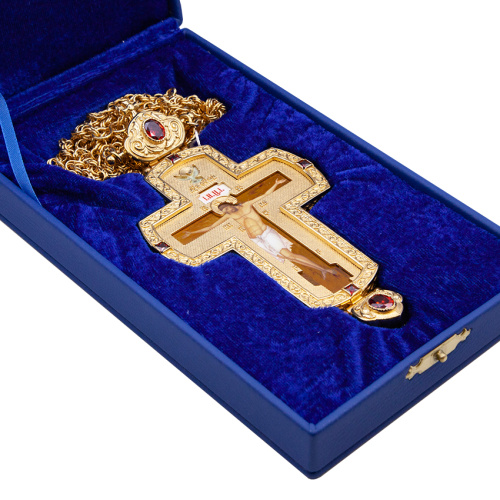 Крест наперсный из ювелирного сплава в позолоте с цепью, деколь, фианиты, 8х15,5 cм фото 4