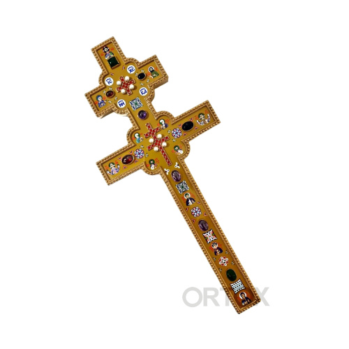 Крест напрестольный латунный в позолоте с фианитами и жемчугом, 14,5х33,6 см фото 2