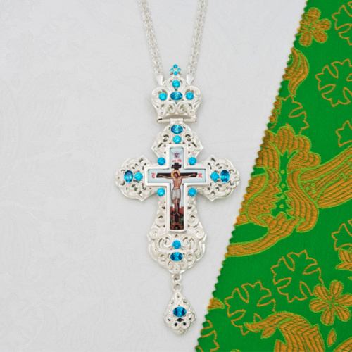 Крест наперсный из ювелирного сплава в серебрении с цепью, фианиты, 8х17,7 см фото 3