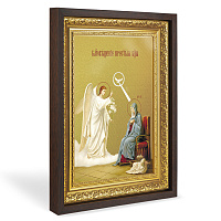 Икона Благовещения Пресвятой Богородицы, в широком багете, цвет "темный дуб", на холсте, с золочение