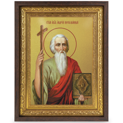 Икона апостола Андрея Первозванного, в широком багете, цвет "темный дуб", на холсте, с золочением фото 2