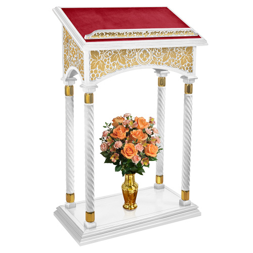 Аналой центральный "Суздальский" белый с золотом (поталь), колонны, красная ткань, высота 127 см фото 2 Аналой центральный "Суздальский" белый с золотом (поталь), колонны, красная ткань, высота 127 см фото 2