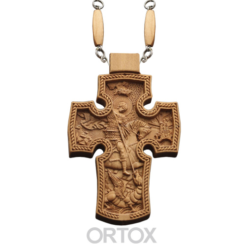 Крест наперсный "Наградной" деревянный светлый резной, с цепью, высота 10 см фото 2