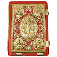 Евангелие напрестольное красное, оклад "под золото", кожа, эмаль, 24х31 см