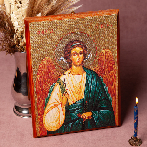 Икона Ангела-Хранителя на деревянной основе, цвет "кипарис", на холсте с золочением фото 5