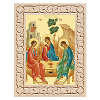 Икона Пресвятой Троицы в резной рамке, цвет "натуральное дерево", ширина рамки 7 см