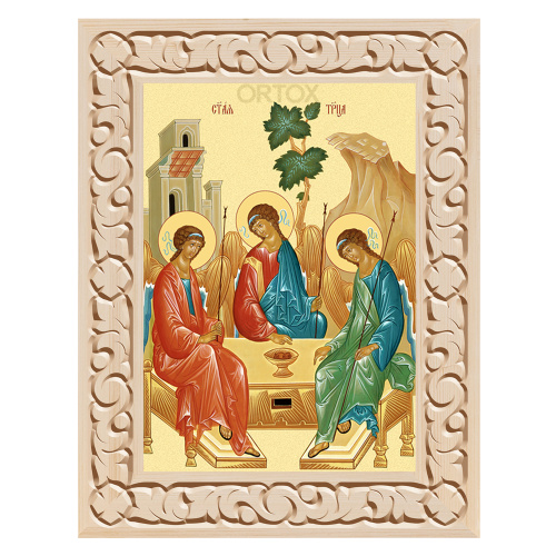 Икона Пресвятой Троицы в резной рамке, цвет "натуральное дерево", ширина рамки 7 см