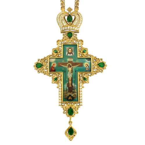 Крест наперсный серебряный с цепью, позолота, белые и голубые фианиты, высота 17,5 см фото 3