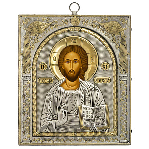 Икона Спасителя настенная, AFON SILVER, 15х17 см, дерево, металл (античная риза) (настенная)