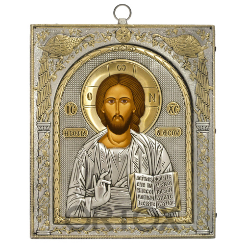 Икона Спасителя настенная, AFON SILVER, 15х17 см, дерево, металл (античная риза)