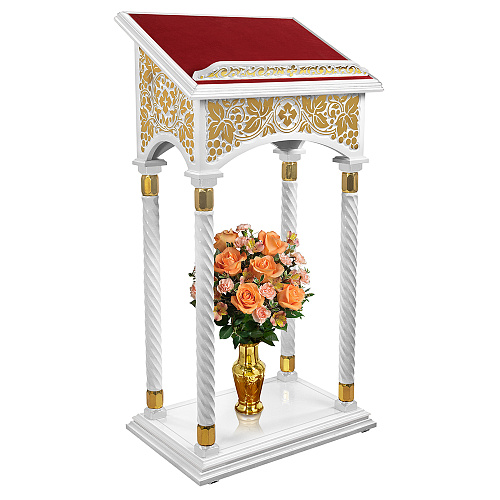 Аналой центральный "Суздальский" белый с золотом (поталь), колонны, красная ткань, высота 127 см Аналой центральный "Суздальский" белый с золотом (поталь), колонны, красная ткань, высота 127 см
