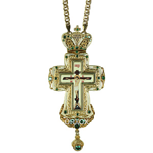 Крест наперсный латунный, в позолоте, с цепью (вес 155 г, зеленые фианиты)
