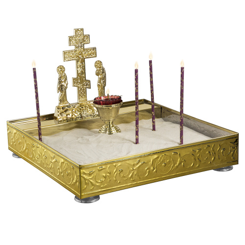 Крышка панихидного стола песковая на 50 свечей с литой Голгофой, на ножках, чеканка, 50х50 см фото 6