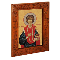 Икона великомученика и целителя Пантелеимона, в узкой резной раме, цвет "кипарис", холст с золочением, ширина рамы 7 см