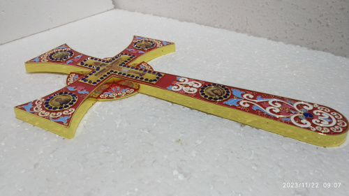 Крест требный четырехконечный, красная эмаль, камни, 17х29 см, У-0925 фото 4