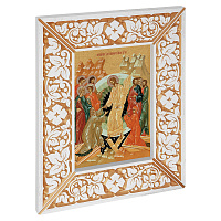 Икона Воскресения Христова, в широкой резной раме, белая с золотом (патина), холст с золочением, ширина рамы 12 см