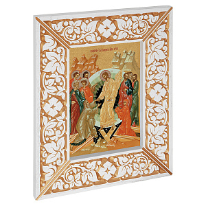 Икона Воскресения Христова, в широкой резной раме, белая с золотом (патина), холст с золочением, ширина рамы 12 см (43х51,7 см (под икону А4))