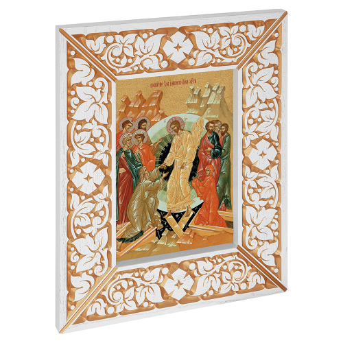 Икона Воскресения Христова, в широкой резной раме, белая с золотом (патина), холст с золочением, ширина рамы 12 см